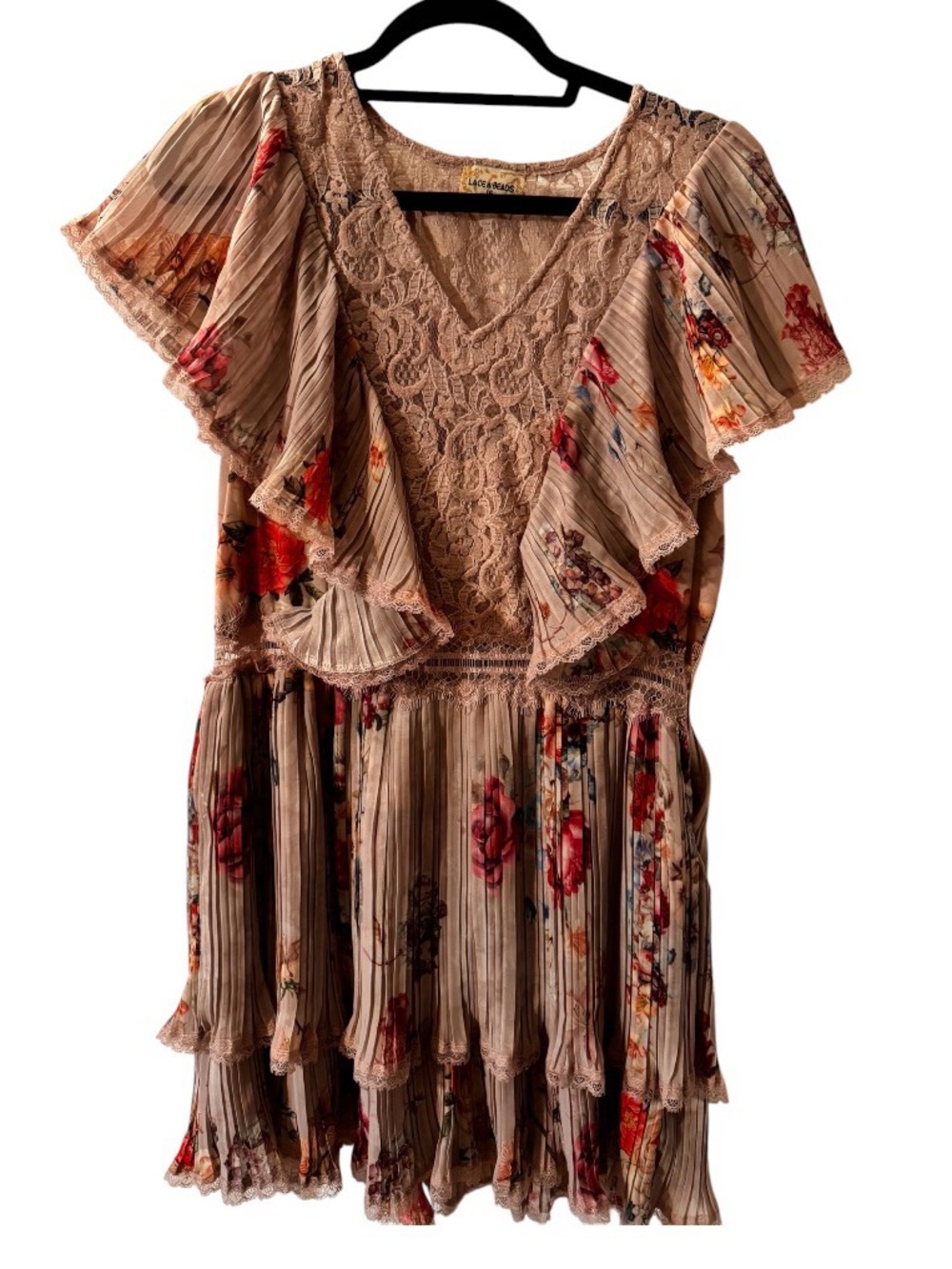 NWOT Rose Floral Lace Mini Dress -  Floral Ruffle V-Neck